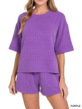 Zenana raised rib top & short set-purple 1X-2X-3X
